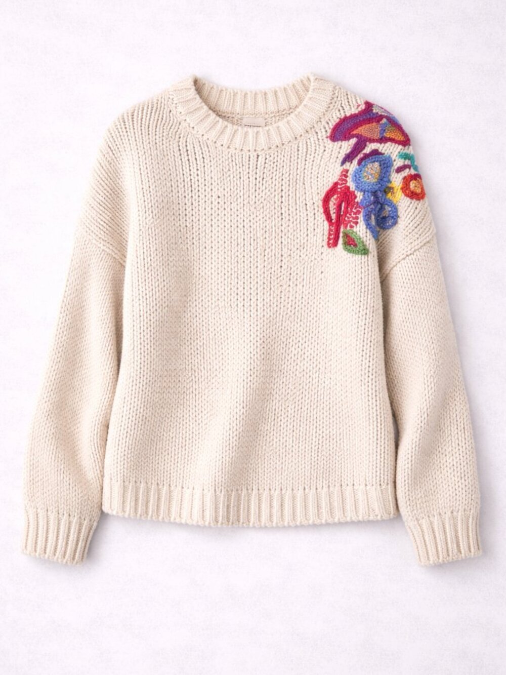 Zara Knit Women's Oversized Chunky Knit Floral Embroidered Sweater Size Small